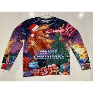 Merry Christmas Fire Breathing Dinosaur Novelty Shirt Long Sleeve Men's M Medium